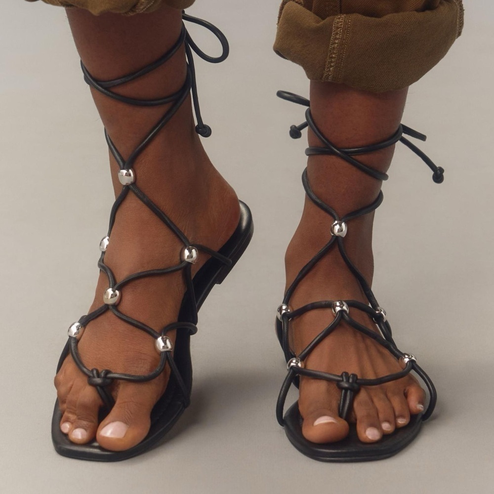 Anthropologie Leather Embellished Tie-Up Strappy Sandals Black + Box NWT - Picture 2 of 10